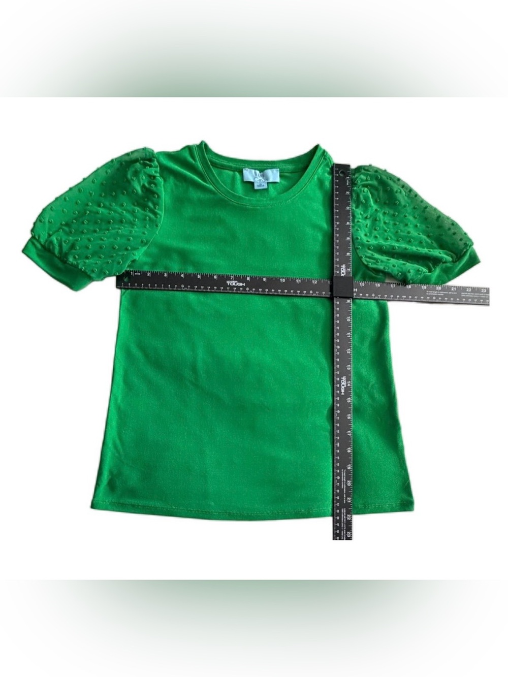 👒 CECE Emerald Green Puff Sleeve Swiss Dot “Mixed Media” Top NWOTs - Picture 9 of 10